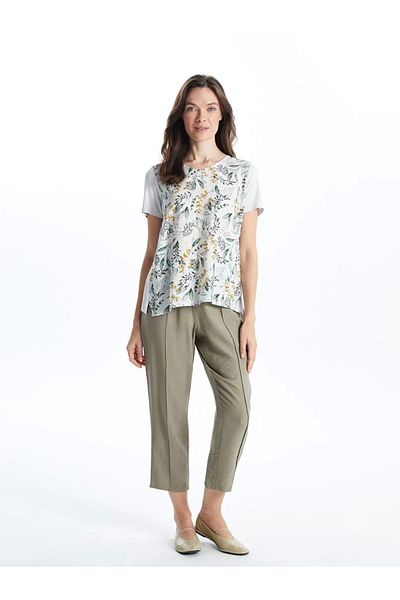LC Waikiki Lcw Grace Ecru V-Neck Floral Short Sleeve Women's T-Shirt
