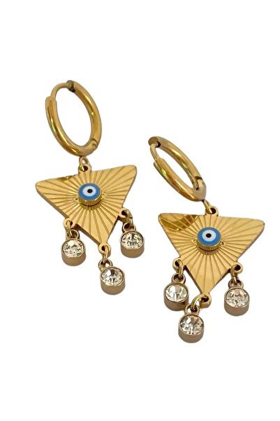 TakıDolabı أقراط فولاذية ذهبية اللون مثلثة الشكل على شكل عين شريرة (زوج)