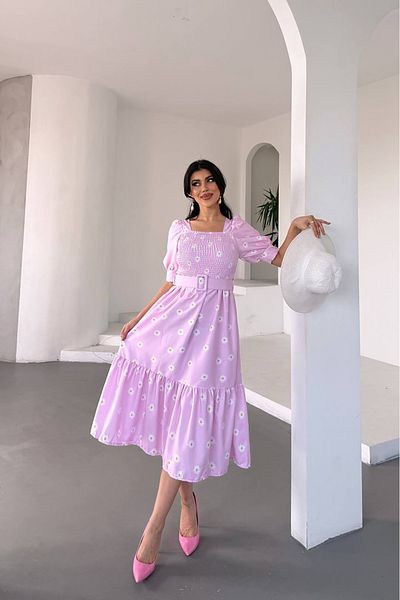Neşeli Butik Women's Belted Square Neck Floral Midi Length Dress Nbks4104