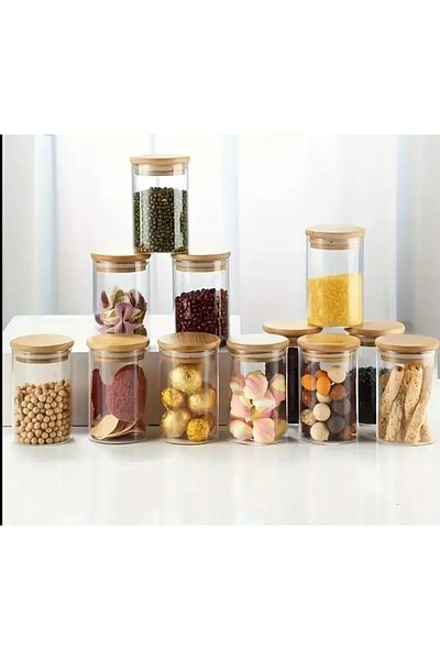 Pembelia Life Set of 12 Bamboo Lids 350ml Glass Large Size Spice Bowl Set Spice Bowl Set