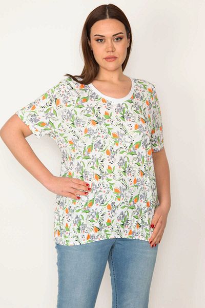 Şans Women's Large Size Bone Cotton Fabric Crew Neck Elastic Hem Floral Print Blouse 65n32226