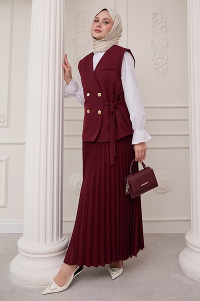InStyle Burgundy Suit with Vest and Tie-Up Pleated Skirt