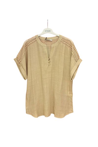 ELLA CAMELIA Large Size Linen Blouse with Shoulder Detail