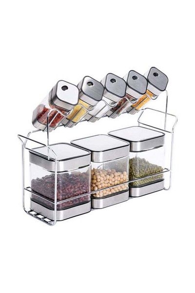 ALMUFARREJ 8-Piece Spice Bottle Set Silver/Clear 25 x 30 x 36cm