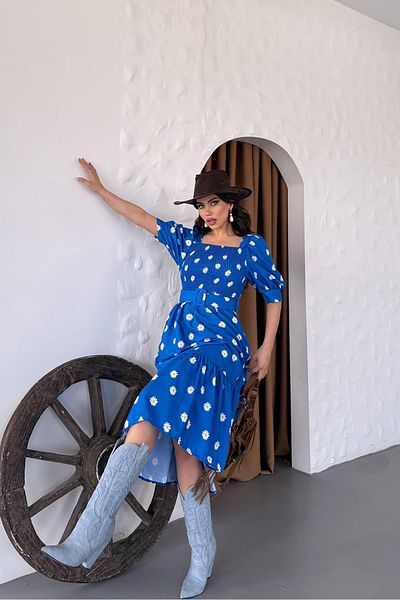 Neşeli Butik Women's Belted Square Neck Floral Midi Length Dress Nbks4104