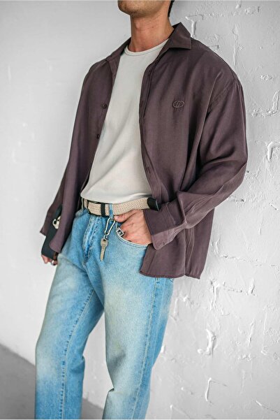 ablukaonline Ανδρικό μακρυμάνικο πουκάμισο με χαλαρή εφαρμογή Oversize Λεπτό Καφέ