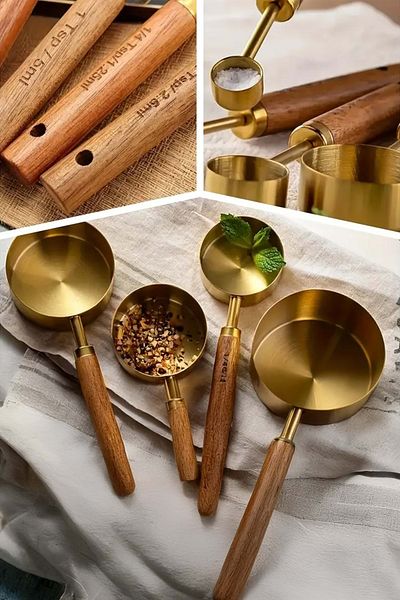 Jenisa Gold Stainless Steel Measuring Spoon 125 ml Premium Quality Measuring Spoon with Wooden Handle