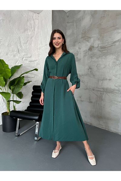 Elif Özbey Butik Rochie cămașă cu curea cu textura Yumoş de smarald