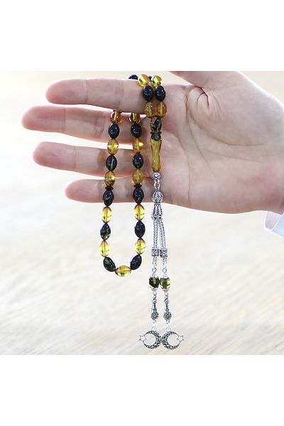 Tesbihane مسبحة معدنية غير مشوهة مزينة بشراشيب على شكل نجمة هلالية باللون الأصفر والأسود من العنبر الناري
