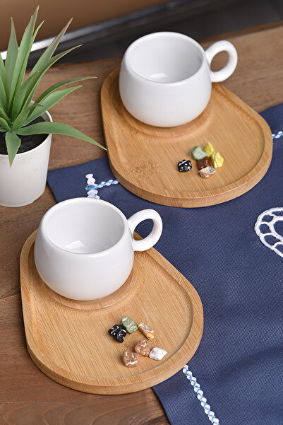 HızlıTrend طقم فناجين مع طبق تقديم من الخيزران مكون من 2 فناجين قهوة توك