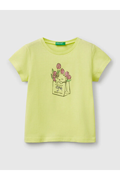 Benetton تيشيرت نسائي مطبوع للأطفال من عمر 1 إلى 6 سنوات باللون الأخضر