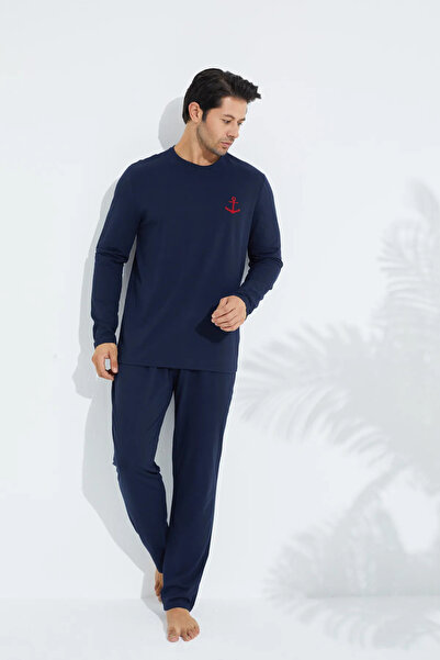 Huq Moda Men's Anchor Navy Blue Long Sleeve Combed Cotton Fabric Seasonal Pajama Set