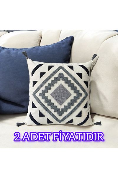 LUWİNO HOME Punch Geometric Pattern Pompom Throw Pillow 43X43 cm