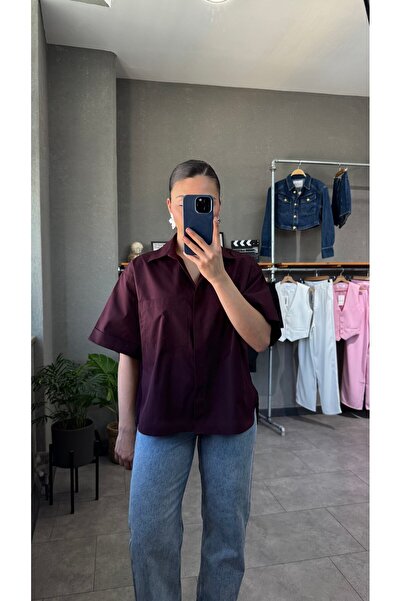 YOUR NAME Oversize Cep Detaylı Poplin Kısa Kol Kadın Gömlek
