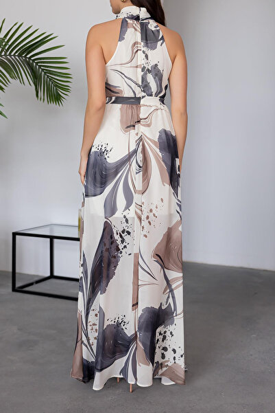Neşeli Butik γυναικείο φόρεμα μάξι σιφόν με γιακά halter NBMY3242