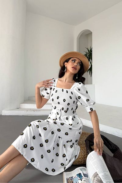 Neşeli Butik Women's Belted Square Neck Floral Midi Length Dress Nbks4104