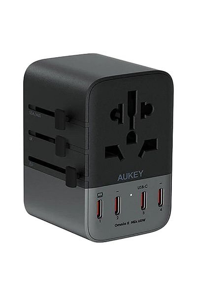 AUKEY محول سفر عالمي بقوة 65 واط باللون الأسود