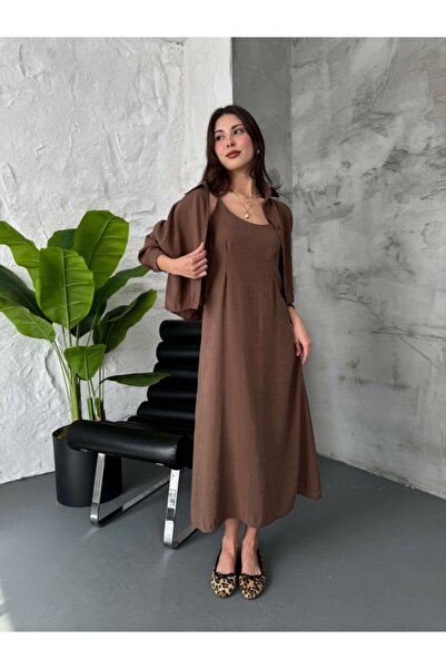 Elif Özbey Butik Kahve İp Askılı Elbise Gömlek Takım