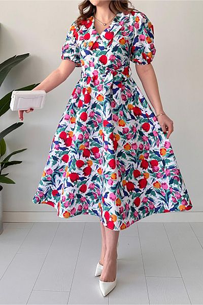 Neşeli Butik rochie de damă cu curea din popelin cu imprimeu NBMY3467
