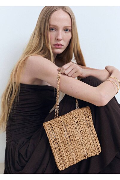 MANGO Woman Metal halkalı doğal elyaf çanta