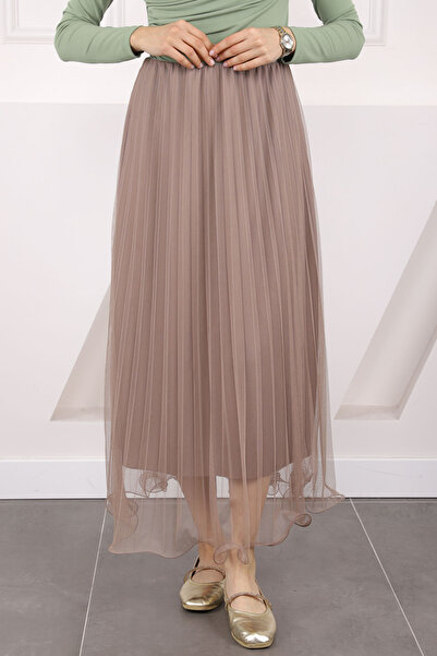 İmajButik Mink Pleated Elastic Waist Skirt