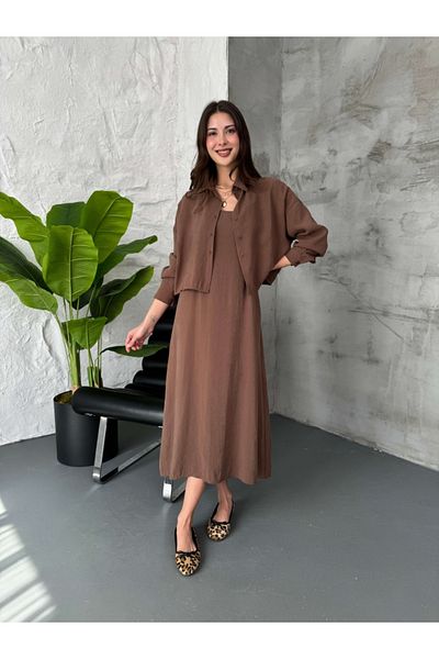 Elif Özbey Butik Set cămașă rochie cu curea de frânghie maro