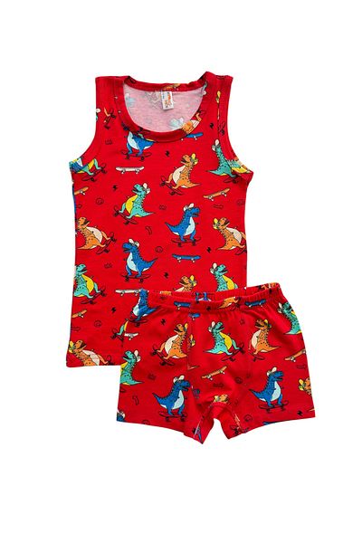 Şekerkids Boy's 100% Cotton Red Dinosaur Patterned Shorts Suit