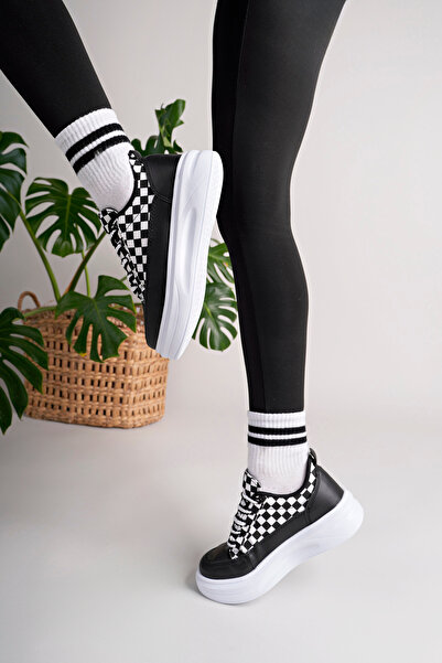 pasyone Black Women's High Sole Checkerboard Patterned Casual Shoes