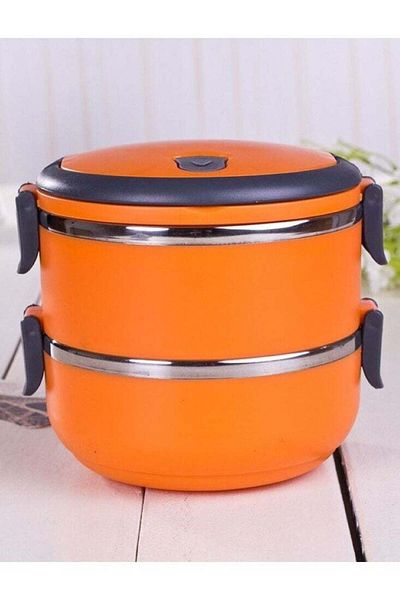 ALMUFARREJ Stainless Steel Two Layer Lunch Box Strong and Durable, Easy to Clean, (Orange)