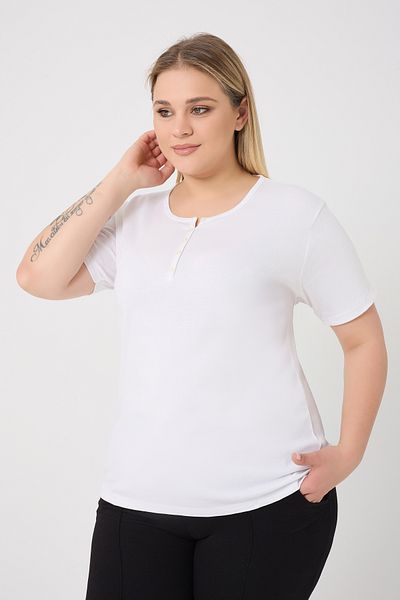 BANEGA Curve Women's Large Size Cotton Lycra Crew Neck Button Detailed Basic Plain White Blouse