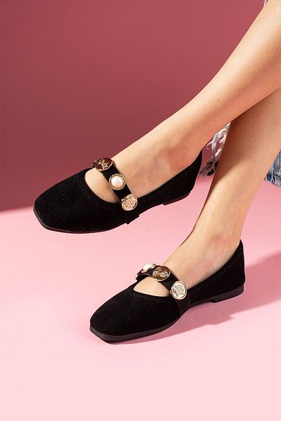 FUGA MODA Balerini cu perle din piele intoarsa neagra Stamp si banda accesorii sigiliu
