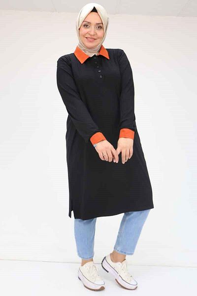 Eslina 58042 Large Size Combed Cotton Tunic with Collar and Cuff Garnish - Tile