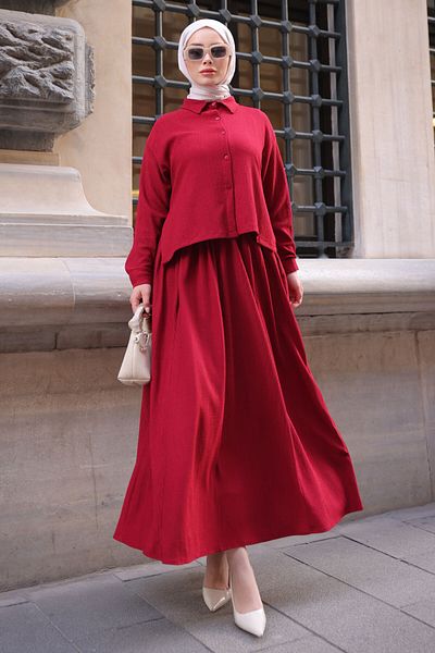 İmajButik Βουργουνδία Μπροστινό Κοντό Πίσω Μακρύ Πουκάμισο Φούστα Στριφτό Σετ