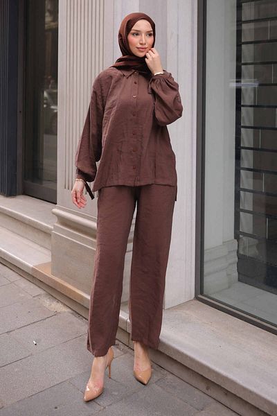 İmajButik Κοστούμι παντελόνι με καφέ σχισμή τουνίκ