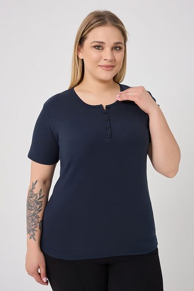 BANEGA Curve Women's Large Size Cotton Lycra Crew Neck Button Detailed Basic Plain Navy Blue Blouse