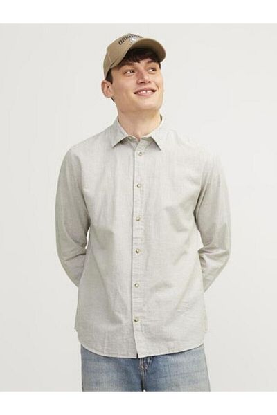 Jack & Jones Ανδρικό λινό μακρυμάνικο πουκάμισο J&j Sand Beige White