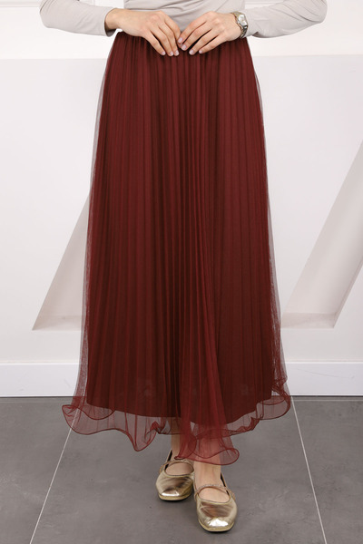 İmajButik Burgundy Pleated Elastic Waist Skirt