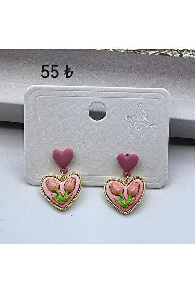TakıDolabı Women's Earrings with Heart Tulip Flowers Design