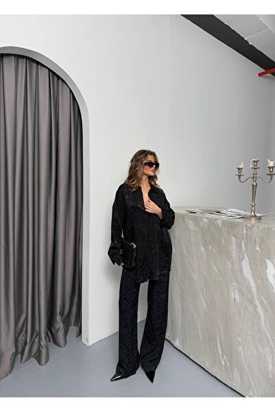 TİENDEROPA Women's Leopard Print Satin Bottom Top Set Shirt Elastic Waist Pants