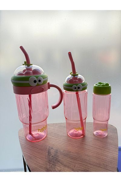 MİMOZA PARK 3-Piece Cute Straw Flask Plastic Bpa-Free (Large Size with Handle)