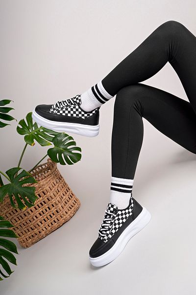 pasyone Black Women's High Sole Checkerboard Patterned Casual Shoes