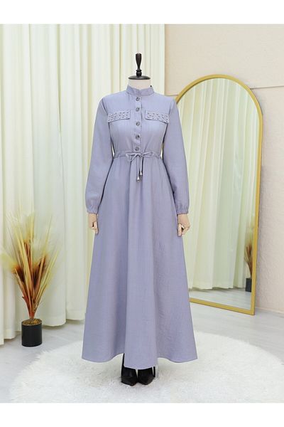 Modamorfo Stoned Pockets Tie Waist Elastic Sleeve Dress - Gray