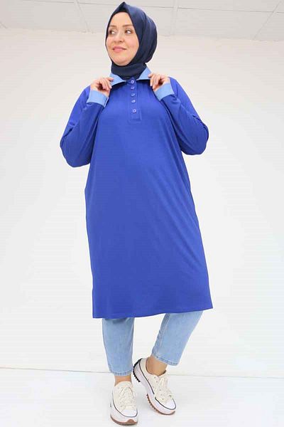 Eslina 58036 Large Size Combed Cotton Tunic with Collar and Sleeve Combination - Indigo