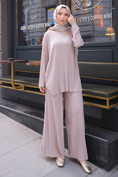İmajButik Beige Pleated Sandy Tunic Trousers Set