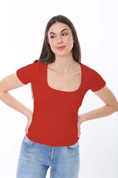 CHEISU Women's Red Short Sleeve Square Neck T-Shirt Blouse Ribbed Camisole