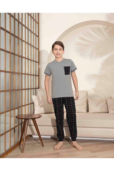 Tarık Men's Gray Plaid and Square Pattern Short Sleeve Father-Son Combination Summer Combed Cotton Fabric Pajamas Set