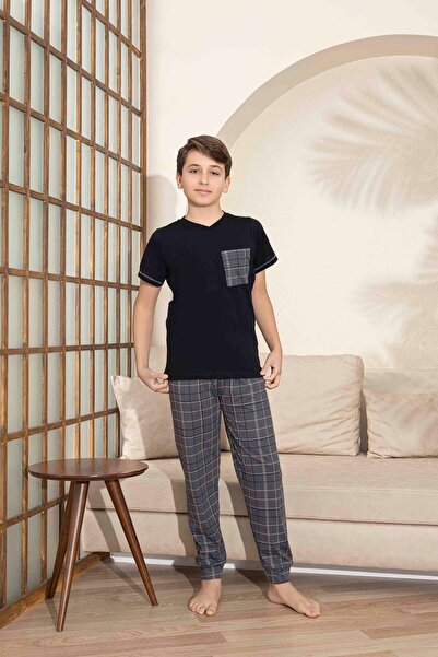 Tarık Чоловічий чорний картатий і квадратний візерунок, короткий рукав, комбінований літній комплект піжами з бавовняної тканини для батька і сина