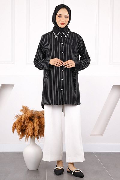 İmajButik Black Sleeve Lace Collar Stone Linda Tunic