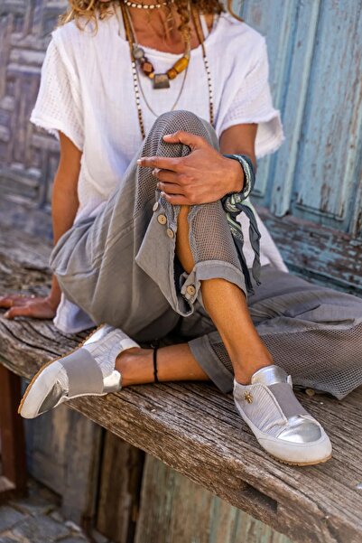 Namaste Vintage Gray Color Leg Mesh Detailed Linen Baggy Pants with Elastic Waist