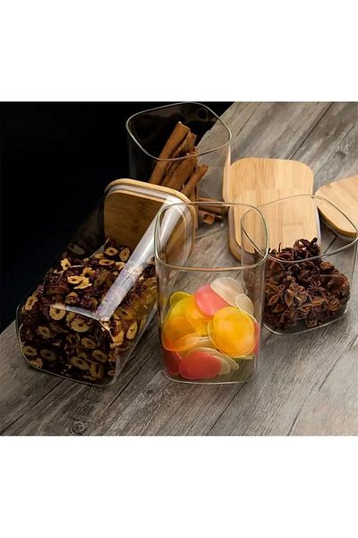 Kitchen Pembelia Set of 4 Bamboo Vacuum Lids Borosilicate Glass Jars - Tea, Sugar, Salt and Coffee